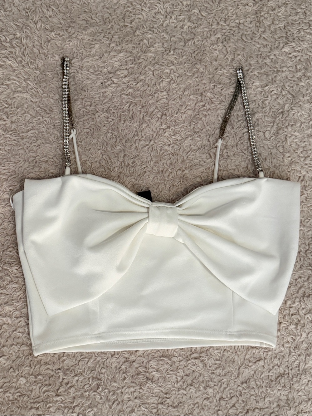 Windsor White Bow-Front Crop Top with Rhinestone Straps - Worn Once